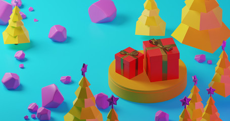 Yellow christmas trees in the forest with red gift box on yellow stage and purple stones, Low poly style on blue background. Colorful 3d rendering holiday christmas new year concept 