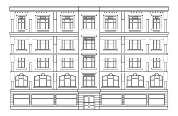 Detail front view house facade building outline contour with shop street panorama, windows, doors and pillars. Vector line art illustration isolated on white