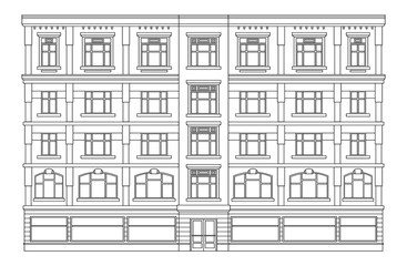 Detail front view house facade building outline contour with shop street panorama, windows, doors and pillars. Vector line art illustration isolated on white