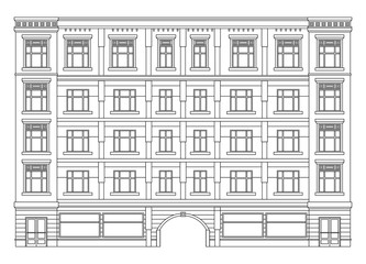 Detail front view house facade building outline contour with shop street panorama, windows, doors and pillars. Vector line art illustration isolated on white