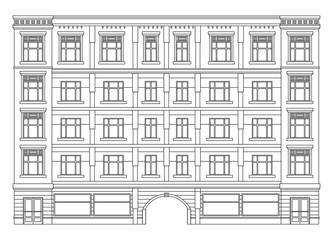 Detail front view house facade building outline contour with shop street panorama, windows, doors and pillars. Vector line art illustration isolated on white