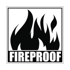 Fireproof square icon, logo design, sign, black label with blazing flame.