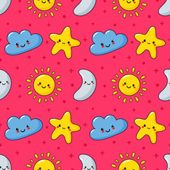 seamless pattern stars, moon, sun and clouds. kawaii wallpaper on pink background. baby cute pastel colors. vector Illustration.