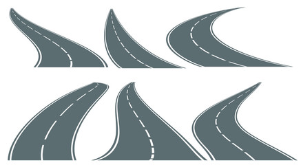 Set of six vector roads wit white marks isolated on transparent background. Vector EPS 10.