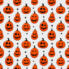 seamless pattern cartoon happy halloween pumpkin and stars isolated on white background. vector Illustration.
