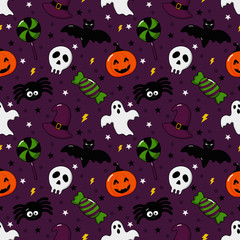 seamless pattern happy halloween icons isolated on purple background. vector Illustration.