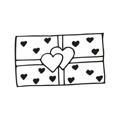 Single hand drawn packed gift with hearts. In doodle style, black outline isolated on a white background. Cute element for design banner, card, stickers. Valentine's day vector illustration