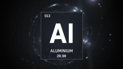 3D illustration of Aluminium as Element 13 of the Periodic Table. Silver illuminated atom design background with orbiting electrons. Design shows name, atomic weight and element number