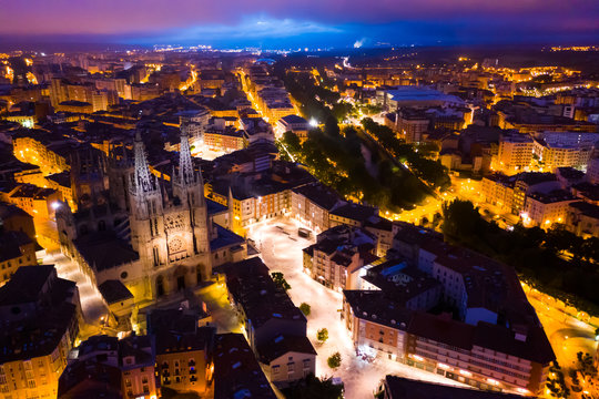 Evening view of the Burgos city and Cathedral from high, Burgos,