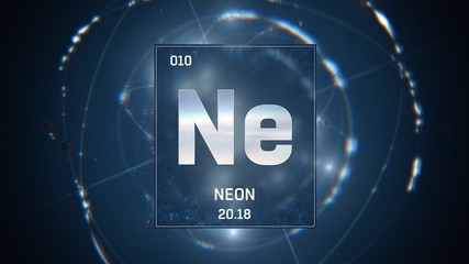 3D illustration of Neon as Element 10 of the Periodic Table. Blue illuminated atom design background with orbiting electrons. Design shows name, atomic weight and element number