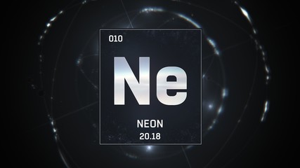 3D illustration of Neon as Element 10 of the Periodic Table. Silver illuminated atom design background with orbiting electrons. Design shows name, atomic weight and element number 