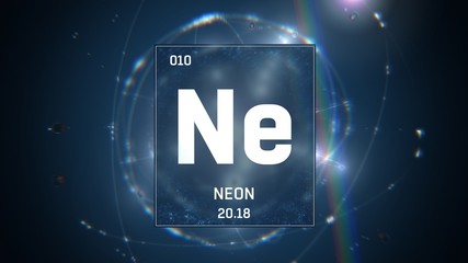 3D illustration of Neon as Element 10 of the Periodic Table. Blue illuminated atom design background with orbiting electrons. Design shows name, atomic weight and element number