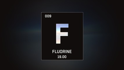 3D illustration of Fluorine as Element 9 of the Periodic Table. Grey illuminated atom design background with orbiting electrons. Design shows name, atomic weight and element number