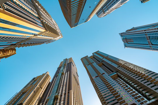 Dubai skycrapers against blue sky