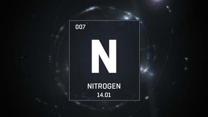 3D illustration of Nitrogen as Element 7 of the Periodic Table. Silver illuminated atom design background with orbiting electrons. Design shows name, atomic weight and element number © remotevfx
