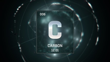 3D illustration of Carbon as Element 6 of the Periodic Table. Green illuminated atom design background with orbiting electrons. Design shows name, atomic weight and element number