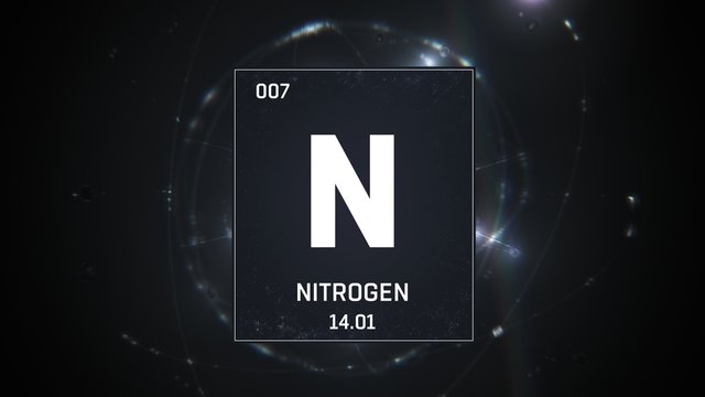 3D illustration of Nitrogen as Element 7 of the Periodic Table. Silver illuminated atom design background with orbiting electrons. Design shows name, atomic weight and element number