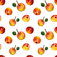 Seamless background, watercolor, ripe apples isolated on white background . Endless fruity texture for elegant decoration and seasonal design