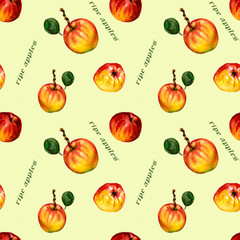 Seamless background, watercolor, ripe apples isolated colored background . Endless fruity texture for elegant decoration and seasonal design