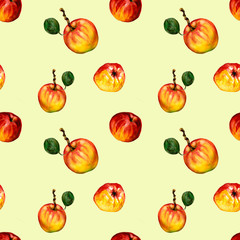Seamless background, watercolor, ripe apples isolated colored background . Endless fruity texture for elegant decoration and seasonal design