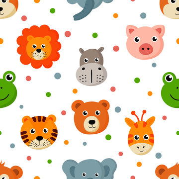 seamless pattern cute animal faces icon set for kids isolated on white background. vector Illustration.