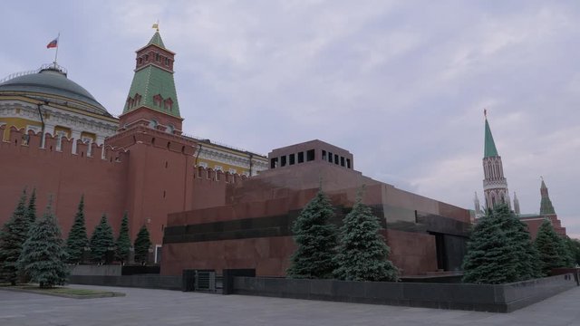 Mavsoleum of Lenin, wall and towers of Kremlin against cloudy sky. Moscow, Red Square