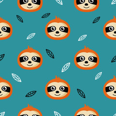 cute seamless pattern with cartoon baby sloths and Leaves for kids. animal on blue background. vector illustration. 