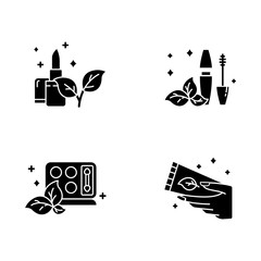 Organic cosmetics glyph icons set. Lipstick. Mascara tube. Eyeshadow palette. Hand cream, lotion. Skincare. Natural beauty products. Paraben free. Silhouette symbols. Vector isolated illustration