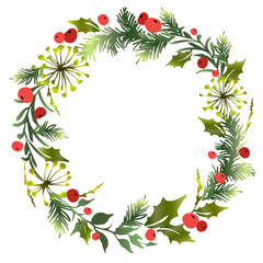 Decorative Christmas wreath with mistletoe leaves, fir branches and holly berries. Vector illustration.