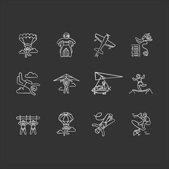 Air extreme sports chalk icons set. Skydiving, parachuting, wingsuiting. Outdoor activities. Paragliding, aerobatics and bungee jumping. Adrenaline entertainment. Isolated chalkboard illustrations © IMG visuals icons