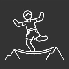 Highlining chalk icon. Slacklining. Walking and balancing on tightrope. Slackliner in mountains. Extreme sport stunt. Walker on rope. Isolated vector chalkboard illustration