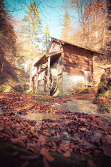 Abandoned idyllic watermill in autumnal forest, Koppl, Austria