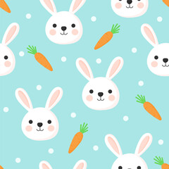 seamless pattern easter rabbit. bunny cartoon style. isolated on blue background. vector illustration.