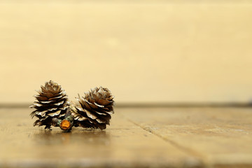 Yellow blurred background with spruce cones in the foreground