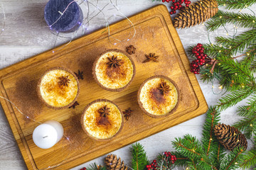 Eggnog with cinnamon and nutmeg for Christmas and winter holidays. Homemade eggnog in glasses with spicy rim