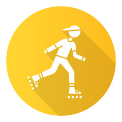 Inline skating yellow flat design long shadow glyph icon. Freestyle rollerblading. Fitness skating. Teenager on rollerblades. Person on roller skates. Extreme sport. Vector silhouette illustration