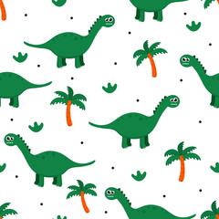 seamless pattern with cartoon cute dinosaur and coconut tree for kids. animal on white background. vector illustration. 