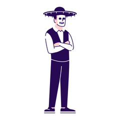 Man dressed in Mexican day of dead costume flat vector illustrations set. Cartoon character with outline elements isolated on white background. Sugar scull face. Dia de los Muertos celebration