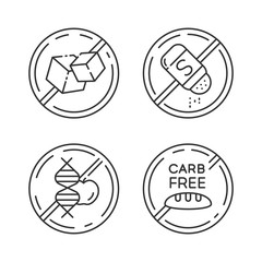 Product free ingredient linear icons set. No sugar, salt, gmo, carb. Dietary without sweeteners. Balanced meals. Thin line contour symbols. Isolated vector outline illustrations. Editable stroke