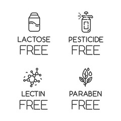 Product free ingredient linear icons set. No lactose, pesticide, lectin, paraben. Non-chemical pharmaceuticals. Thin line contour symbols. Isolated vector outline illustrations. Editable stroke