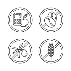 Product free ingredient linear icons set. No calories, caffeine, palm oil, gluten. Organic food for weight loss. Thin line contour symbols. Isolated vector outline illustrations. Editable stroke