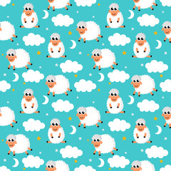 seamless sweet dreams sheep funny animal pattern on blue background for fabric, textile, paper, wallpaper, wrapping or greeting card. vector illustration.