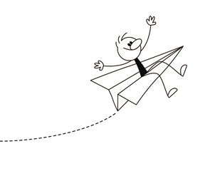 Doodle stick figure: Businessman or man flies on a paper plane.