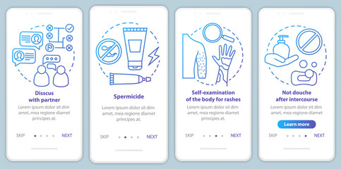 Safe sex onboarding mobile app page screen vector template. Self-examination of body for rashes. Walkthrough website steps with linear illustrations. UX, UI, GUI smartphone interface concept