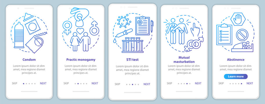 Safe sex onboarding mobile app page screen vector template. Condom and abstinence. Practic monogamy. Walkthrough website steps with linear illustrations. UX, UI, GUI smartphone interface concept