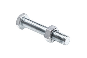 a bolt with a screwed nut isolated on a white background 3/4 view.