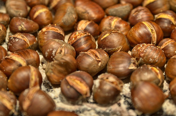 A metal baking pan filled with chestnuts roasted