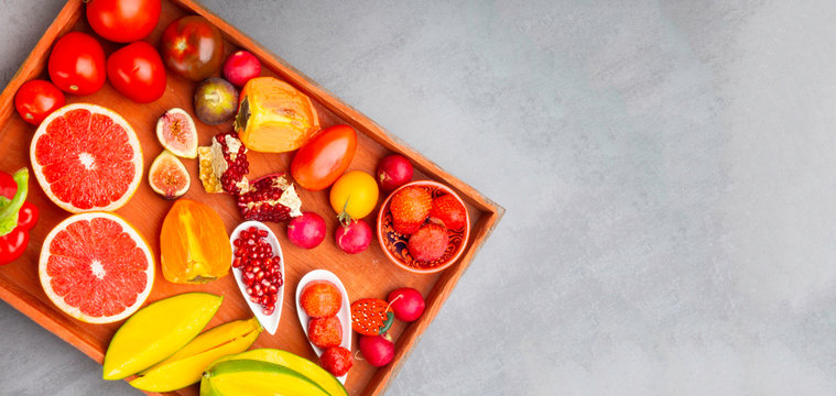 fresh red, orange, yellow fruit and vegetables rich in antioxidants, fiber, alfa carotene, lycopene, beta carotene, carotenoid, lutein, phosphorus, calcium, vitamin c.