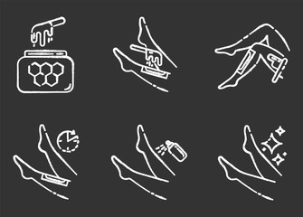 Shin waxing chalk icons set. Leg hair removal with natural honey hot wax strips process. Female body depilation steps. Professional beauty treatment cosmetics. Isolated vector chalkboard illustrations