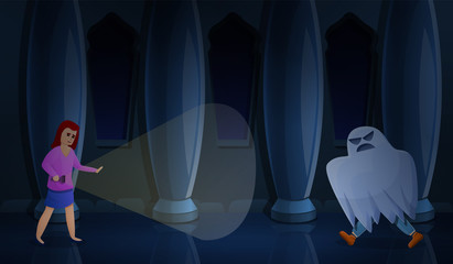 Ghost escape room concept banner. Cartoon illustration of ghost escape room vector concept banner for web design